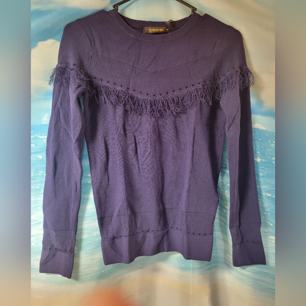 SUPERTRASH NWT Navy Blue‎ Fringe Sweater Womans Size XS